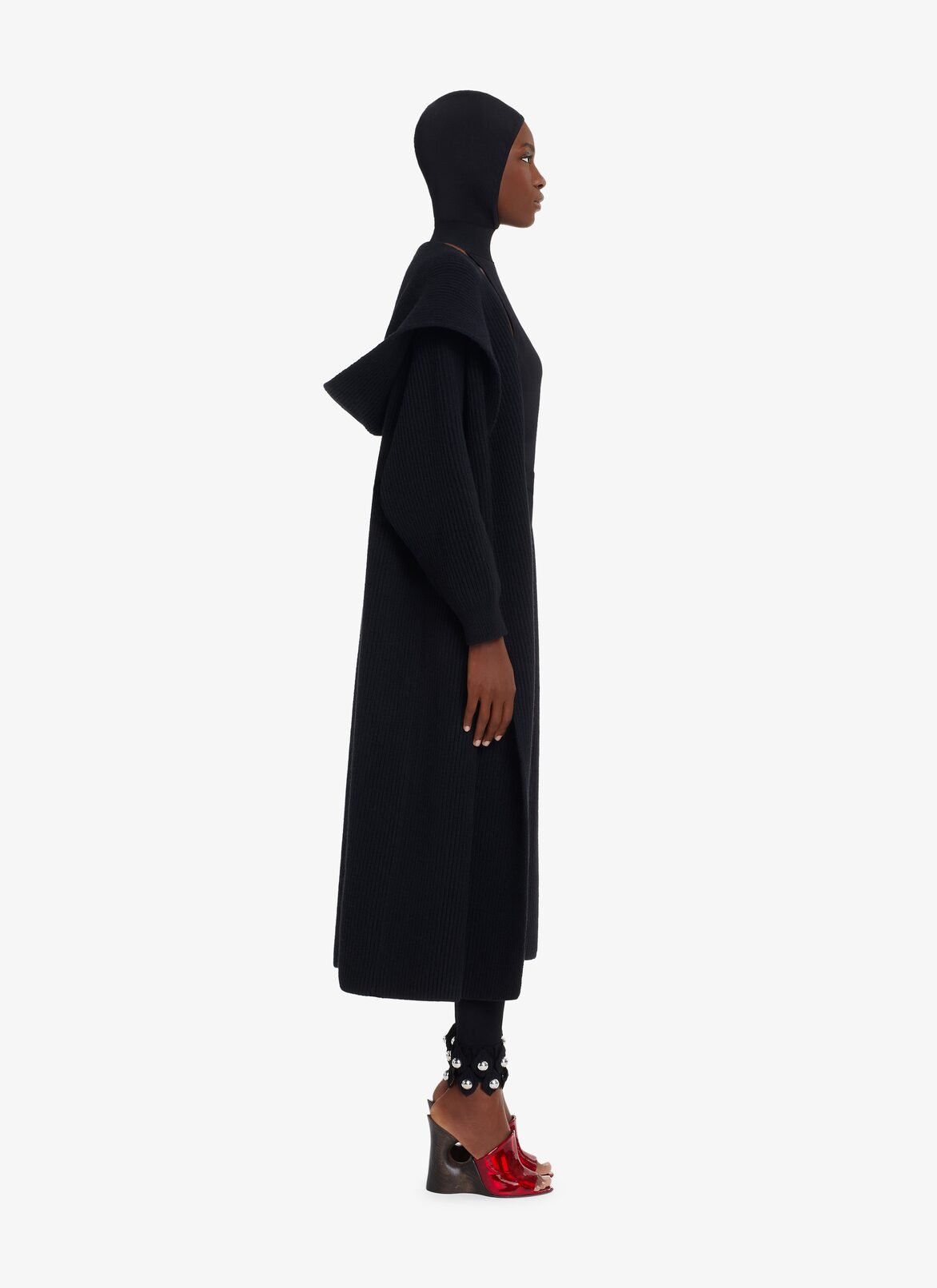 LARGE RIBBED HOODED COAT ALAÏA BLACK LARGE RIBBED HOODED COAT
